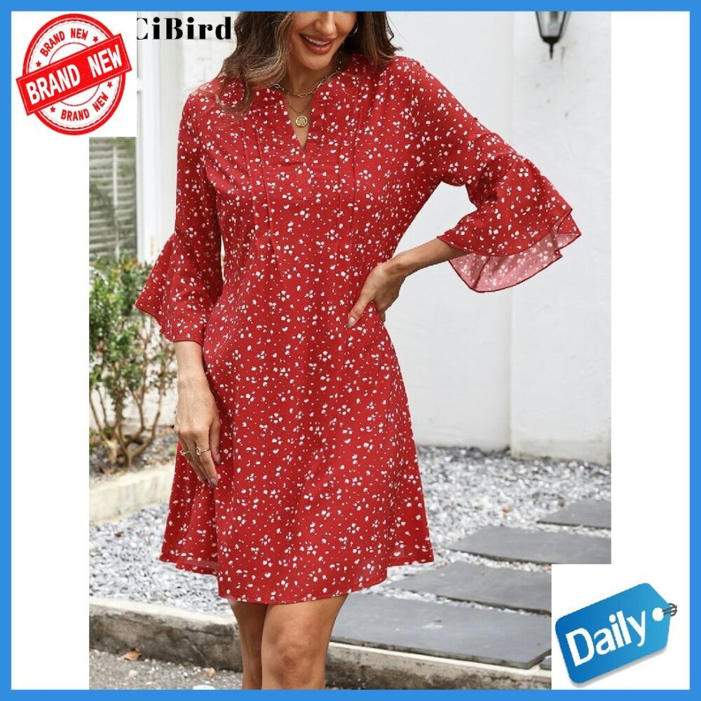 Lightweight Floral 3/4 Sleeve V-Neck A-Line Dress Casual Summer - Picture 7 of 7